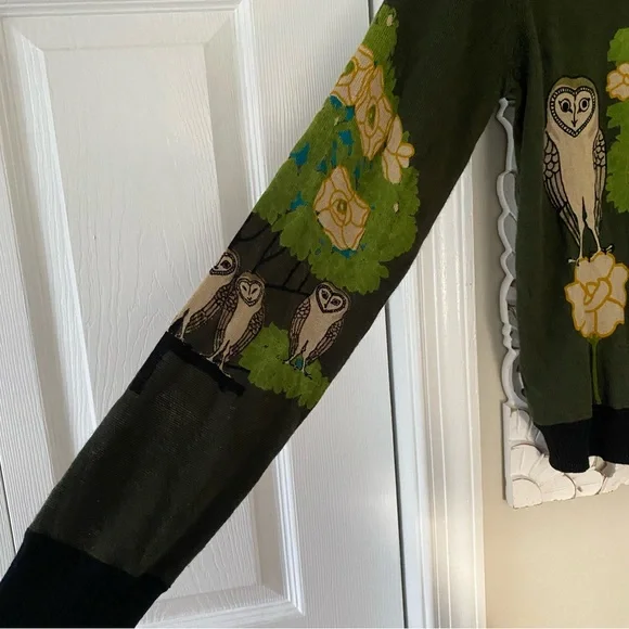 The Knitted Dove Who's Who Owl Wool Blend Sweater Cardigan Artsy Teacher Sz L - Picture 4 of 10